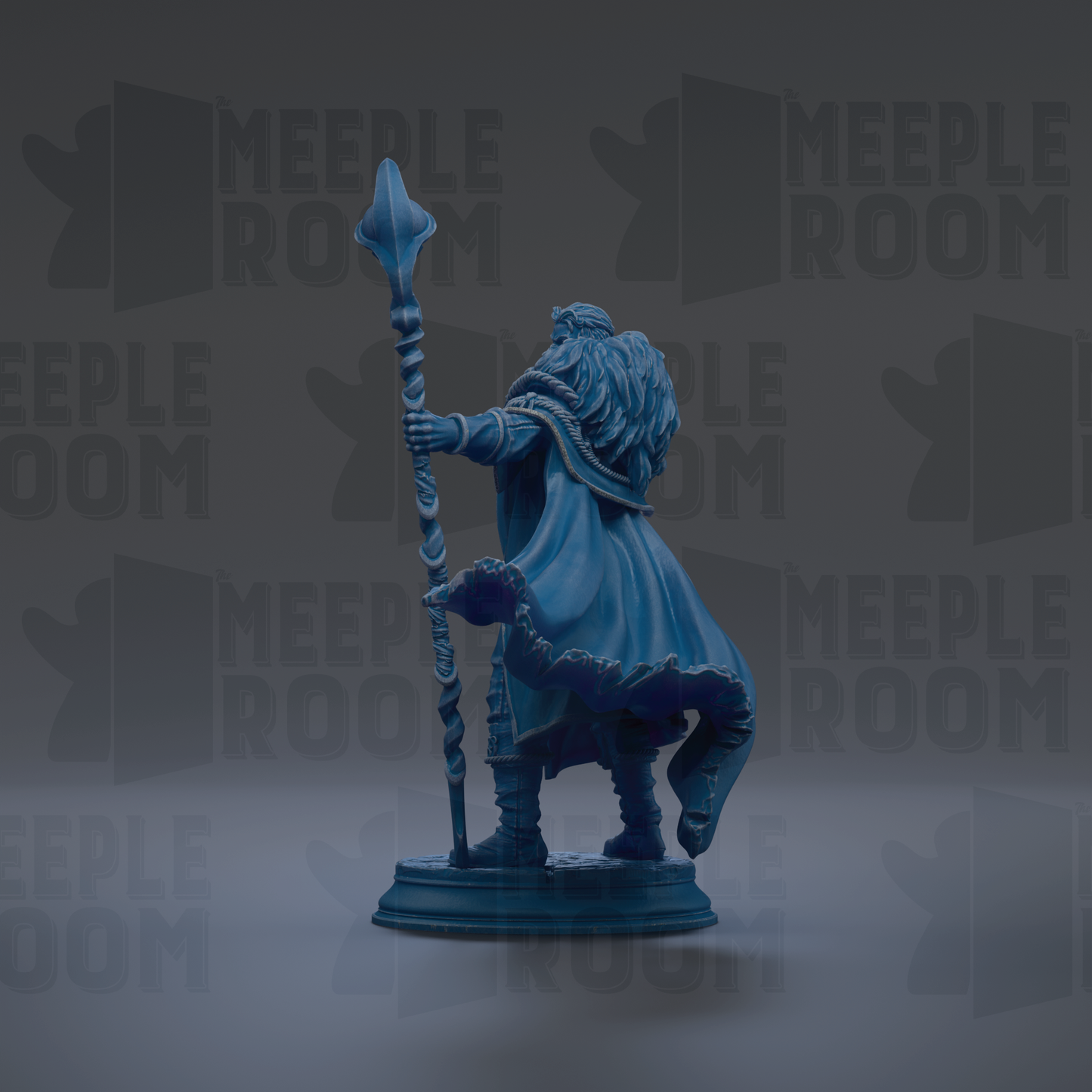 A blue statue of a figure holding a staff and wearing a cape, standing on a pedestal against a dark background with repeated text.
