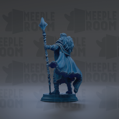 A blue statue of a figure holding a staff and wearing a cape, standing on a pedestal against a dark background with repeated text.