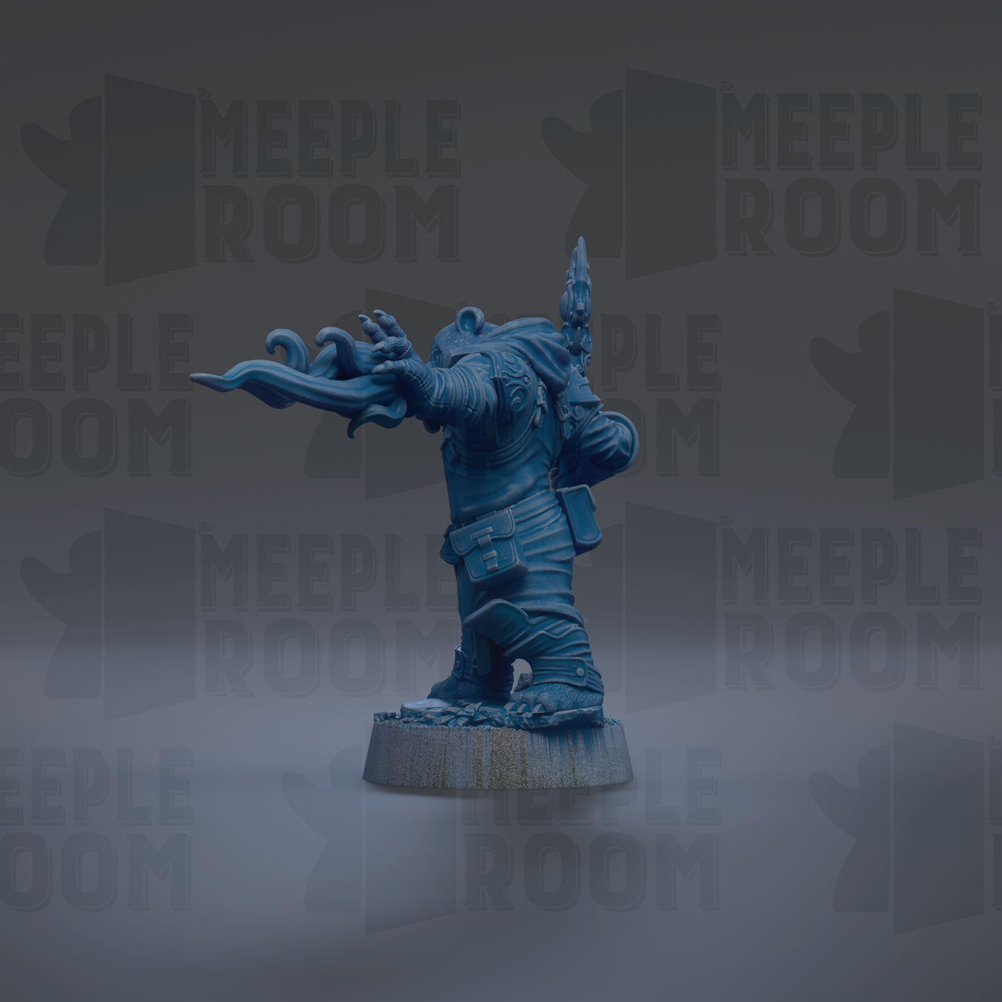 A blue figurine of a character with a sword and a backpack stands against a dark background with repeated "MEIPLE ROOM" text.