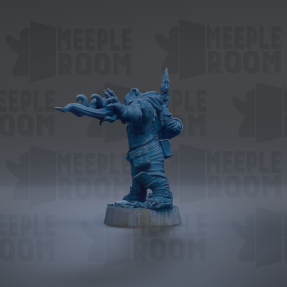 A blue figurine of a character with a sword and a backpack stands against a dark background with repeated "MEIPLE ROOM" text.