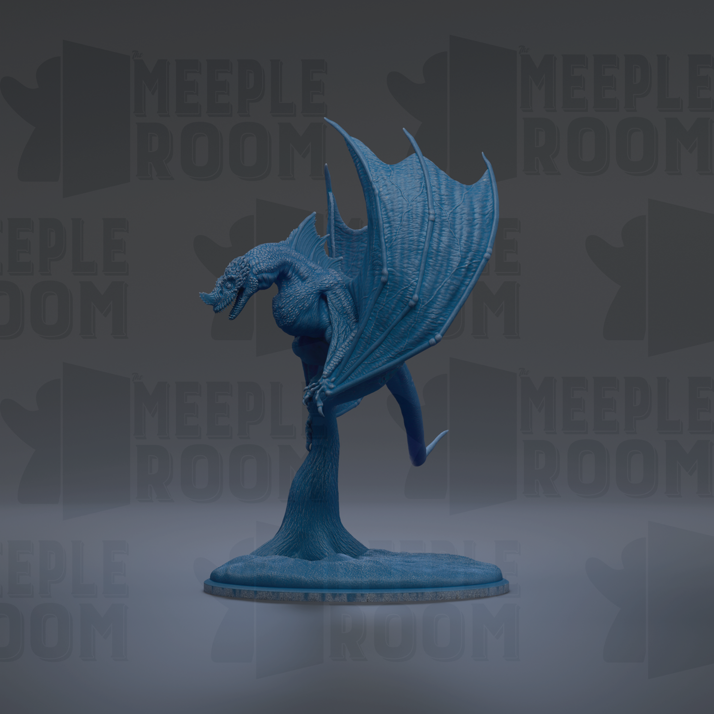 A blue dragon figurine is standing on a base against a dark background with repeated text.