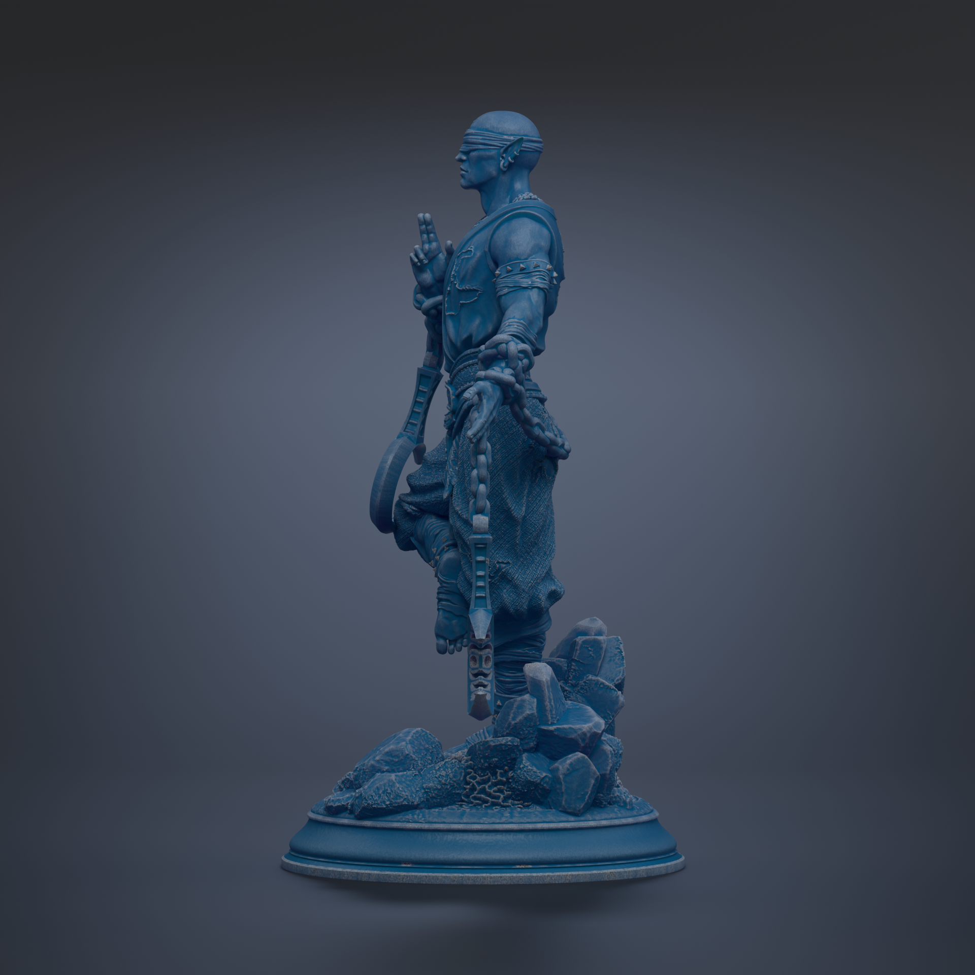A blue statue of a person standing on a base, holding a chain and a weapon.