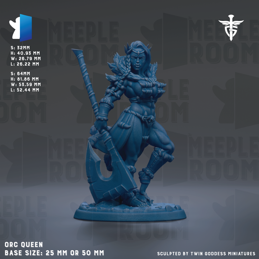a blue figurine of an armored female character, likely a queen, with a large weapon in her hand. The figurine is set against a dark background with the text "MEEPLE ROOM" repeated multiple times. The base size of the figurine is 25mm or 50mm.