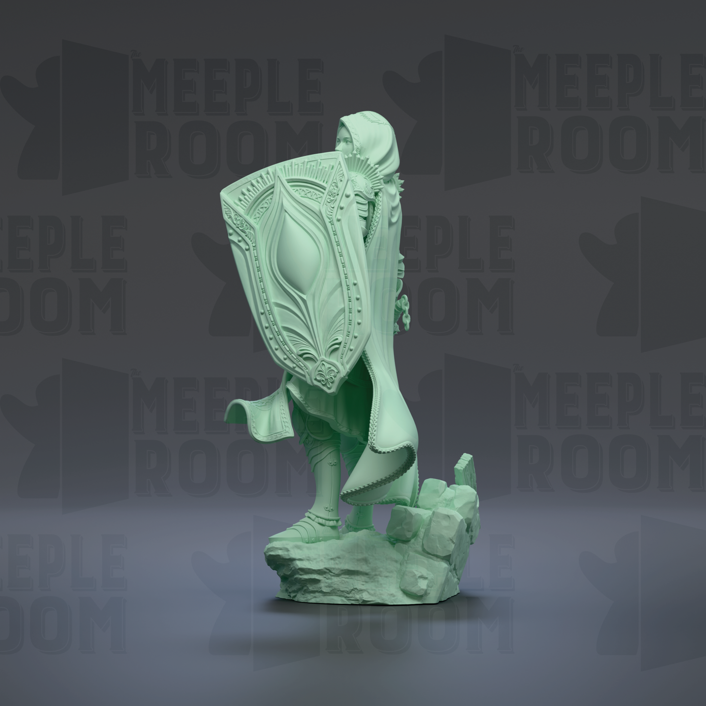 A green statue of a person holding a shield stands on a rock formation against a dark background with repeated "MEIPLROOM" text.