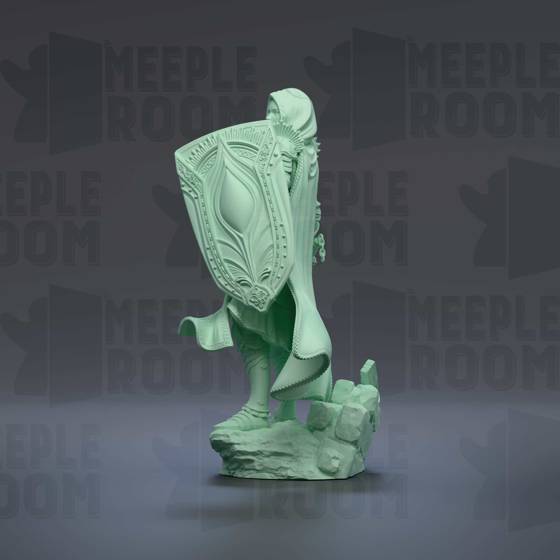 A green statue of a person holding a shield stands on a rock formation against a dark background with repeated "MEIPLROOM" text.