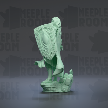 A green statue of a person holding a shield stands on a rock formation against a dark background with repeated "MEIPLROOM" text.