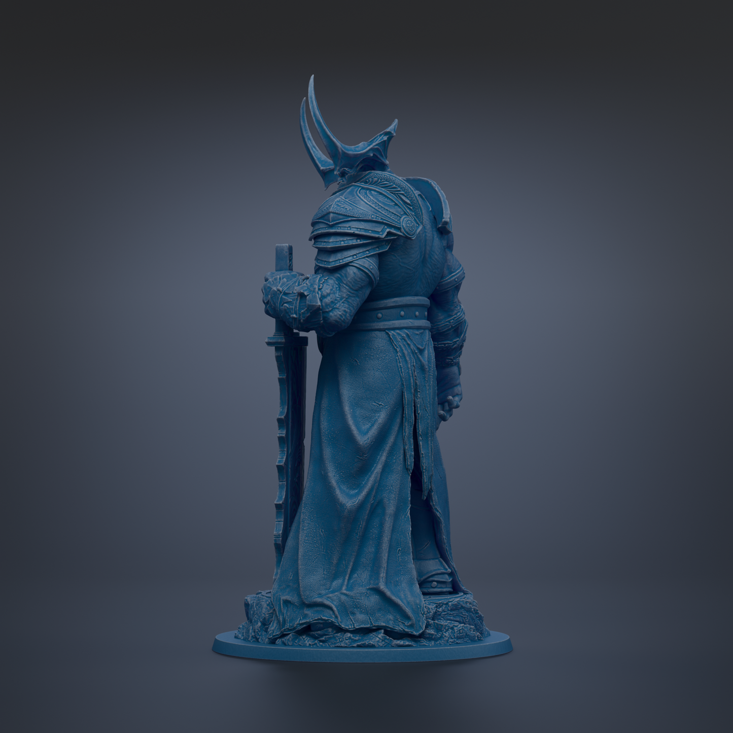 A blue statue of a warrior figure holding a sword and shield, standing on a pedestal.
