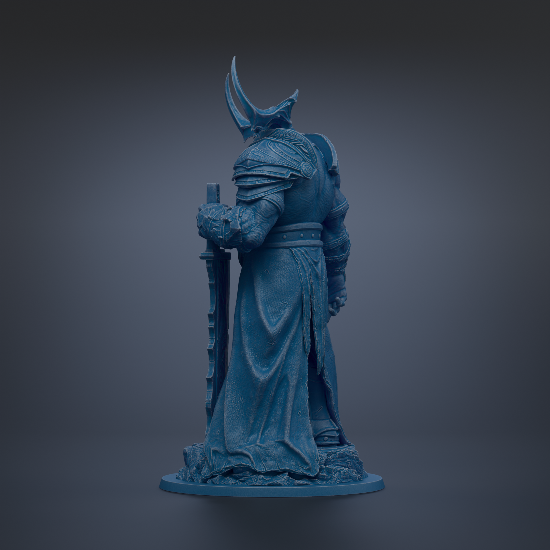 A blue statue of a warrior figure holding a sword and shield, standing on a pedestal.