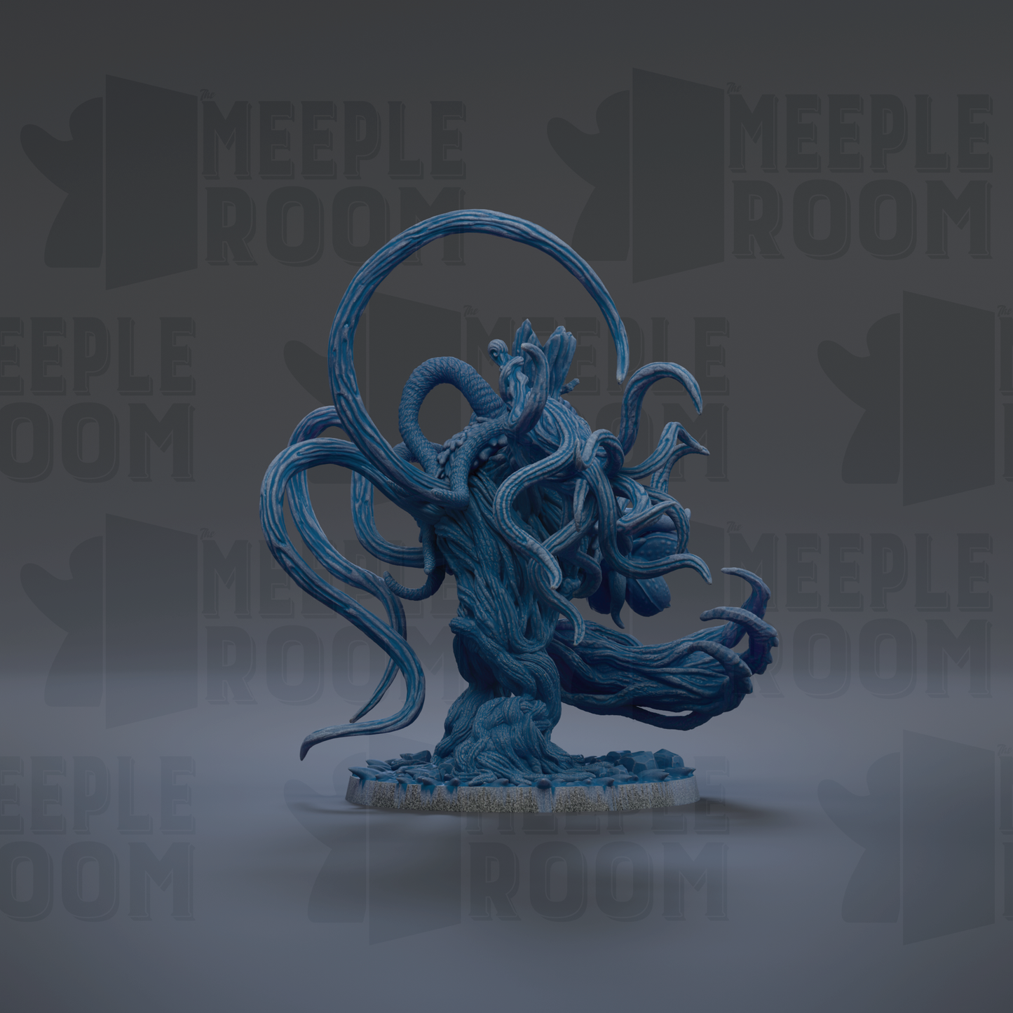 a large, intricate blue sculpture with a complex, organic shape resembling a tree or plant.