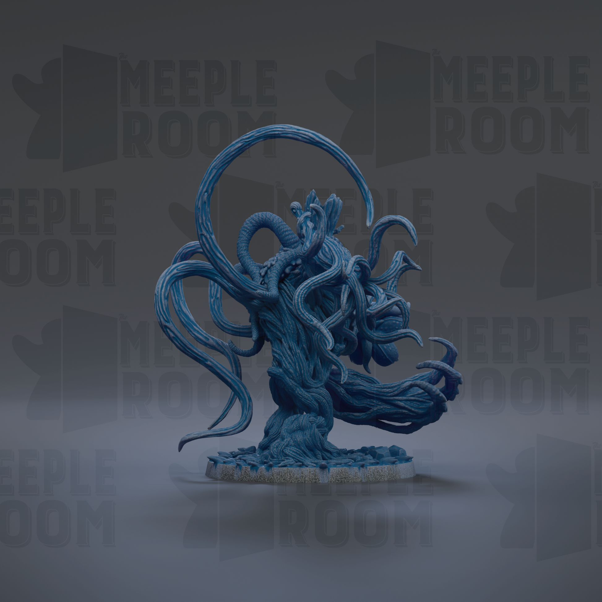 a large, intricate blue sculpture with a complex, organic shape resembling a tree or plant.