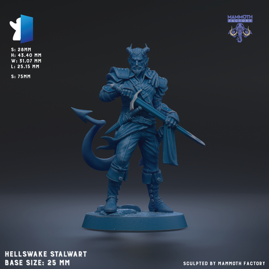 A 3D rendering of a Hells wake Stalwart figurine, which is a fantasy character from the Mammoth Factory. The figurine is depicted in a dynamic pose, holding a sword and a shield, and is shown in a blue color. The base size of the figurine is 25mm.