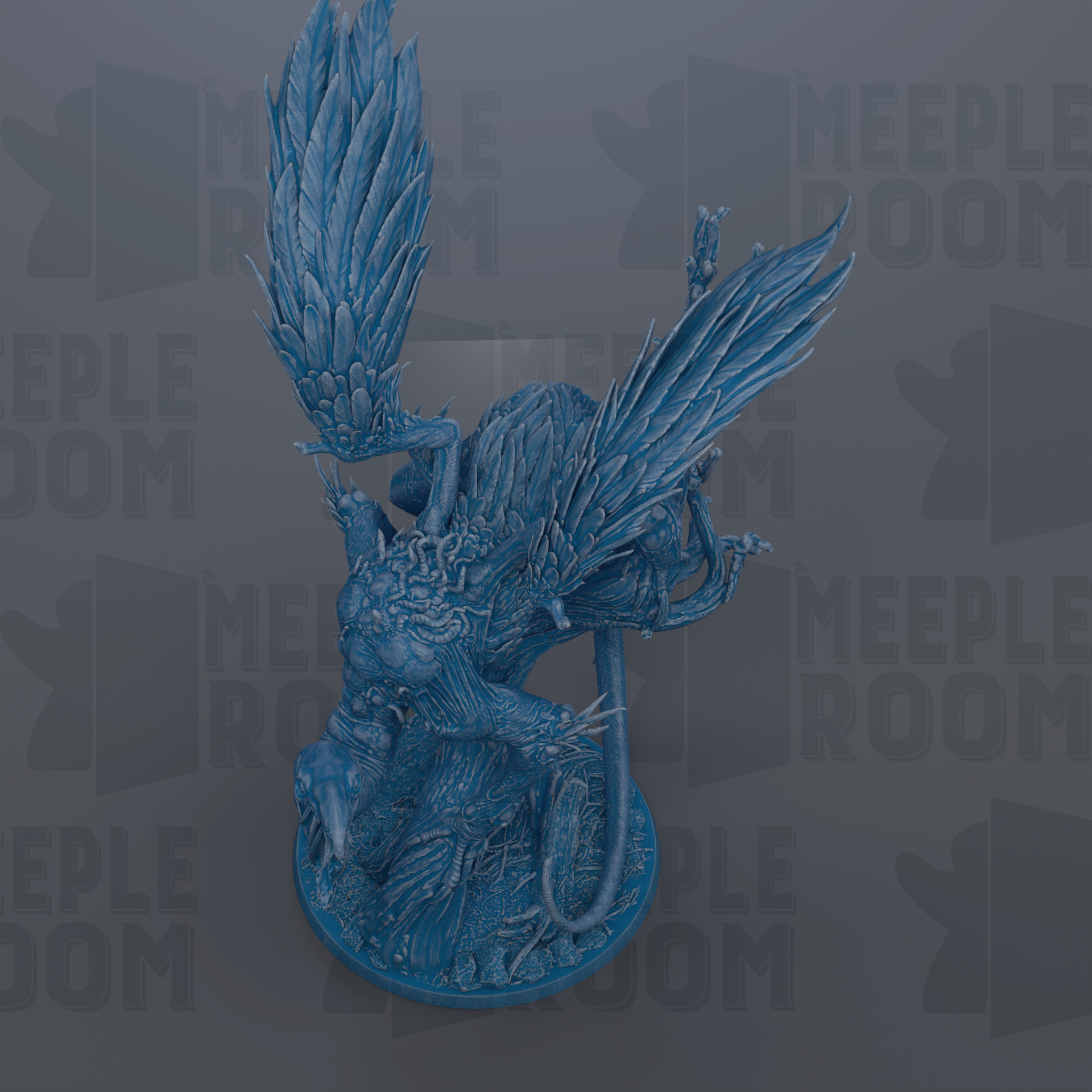 A detailed 3D rendering of a blue dragon-like creature with intricate feather-like patterns and a fierce expression, set against a dark background with repeated text.