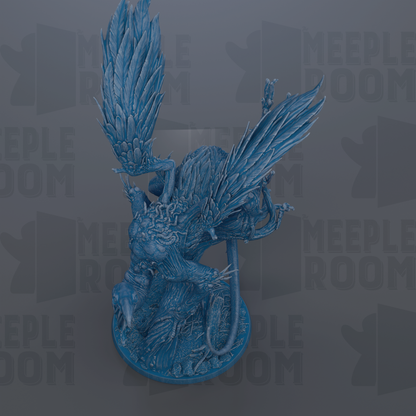 A detailed 3D rendering of a blue dragon-like creature with intricate feather-like patterns and a fierce expression, set against a dark background with repeated text.