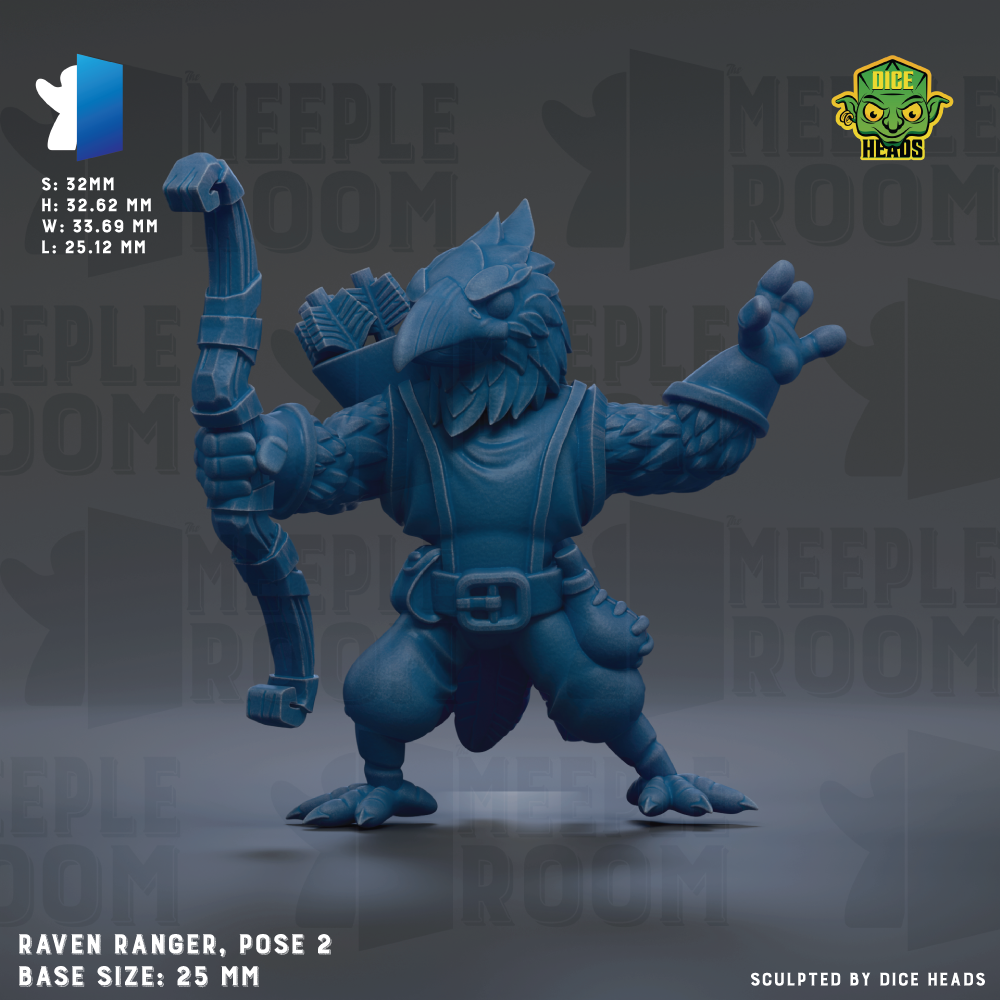 A 3D rendering of a blue bird-like creature with wings and a bow, standing on one leg and holding a bow in its other hand. The creature appears to be a character from a fantasy or adventure game.