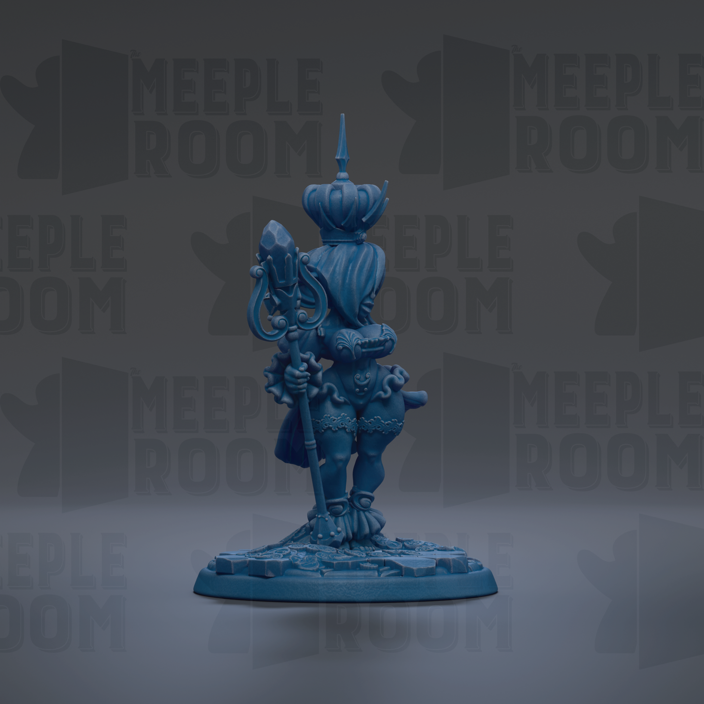 A blue figurine of a person standing on a base, with the text "MEUPLE ROOM" repeated in the background.