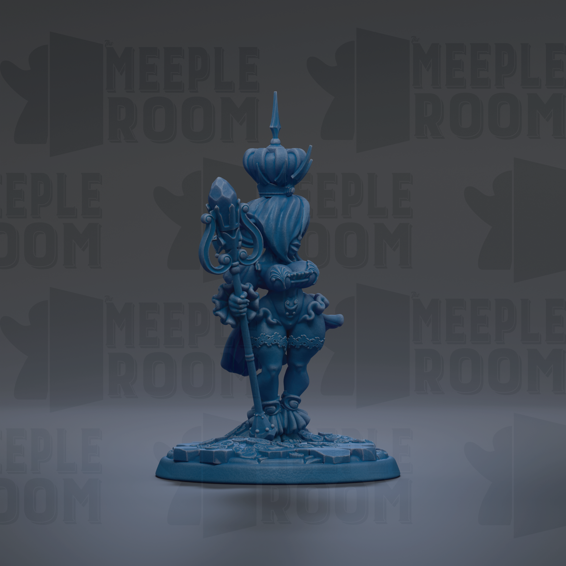 A blue figurine of a person standing on a base, with the text "MEUPLE ROOM" repeated in the background.