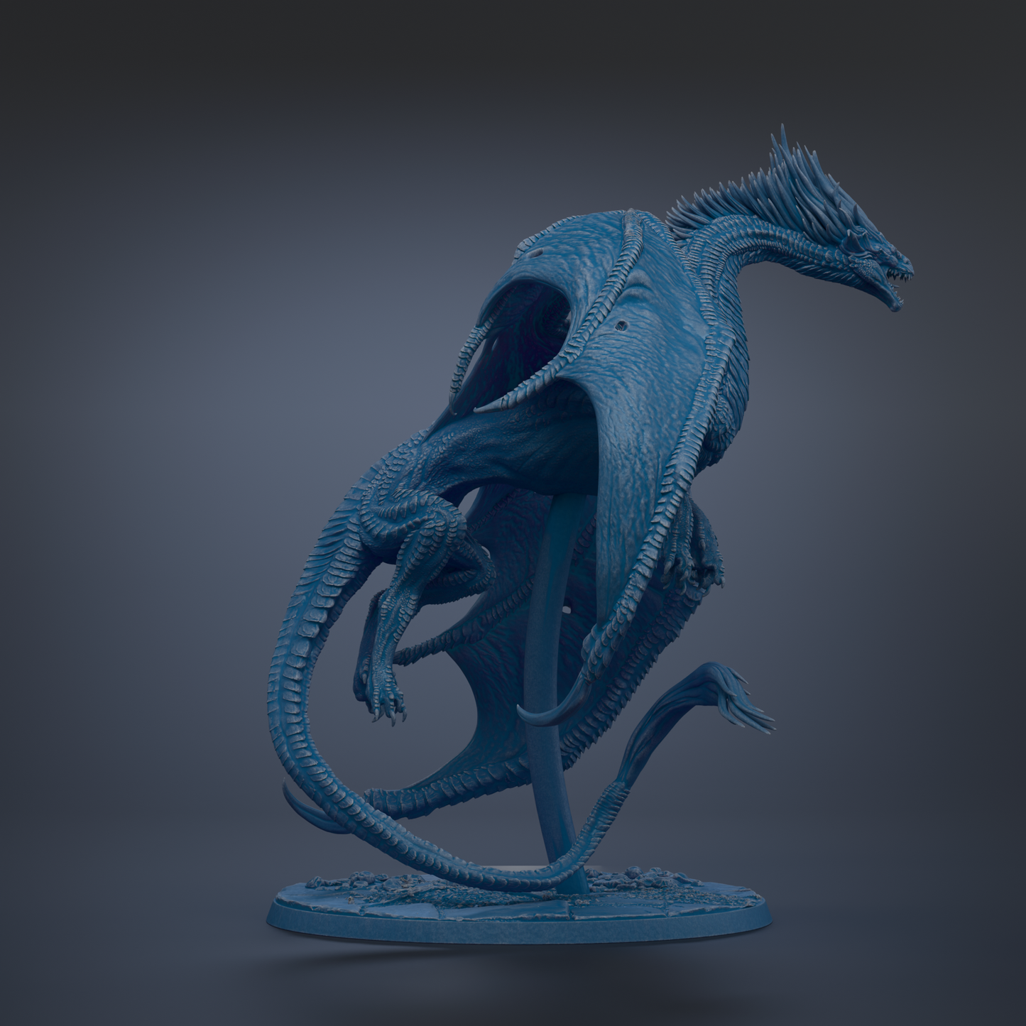 A detailed 3D rendering of a blue dragon statue, with intricate scales and a fierce expression, standing on a base.