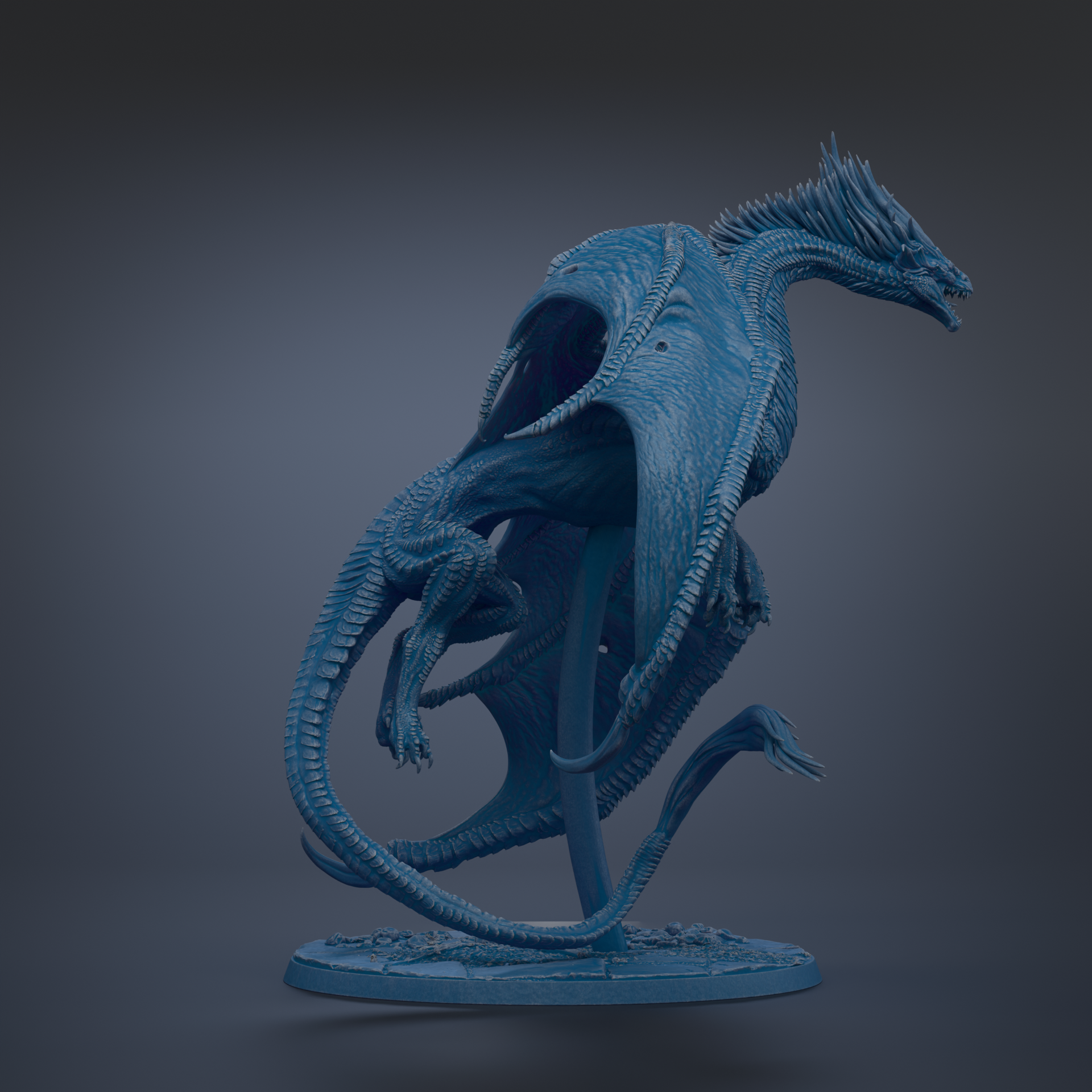 A detailed 3D rendering of a blue dragon statue, with intricate scales and a fierce expression, standing on a base.