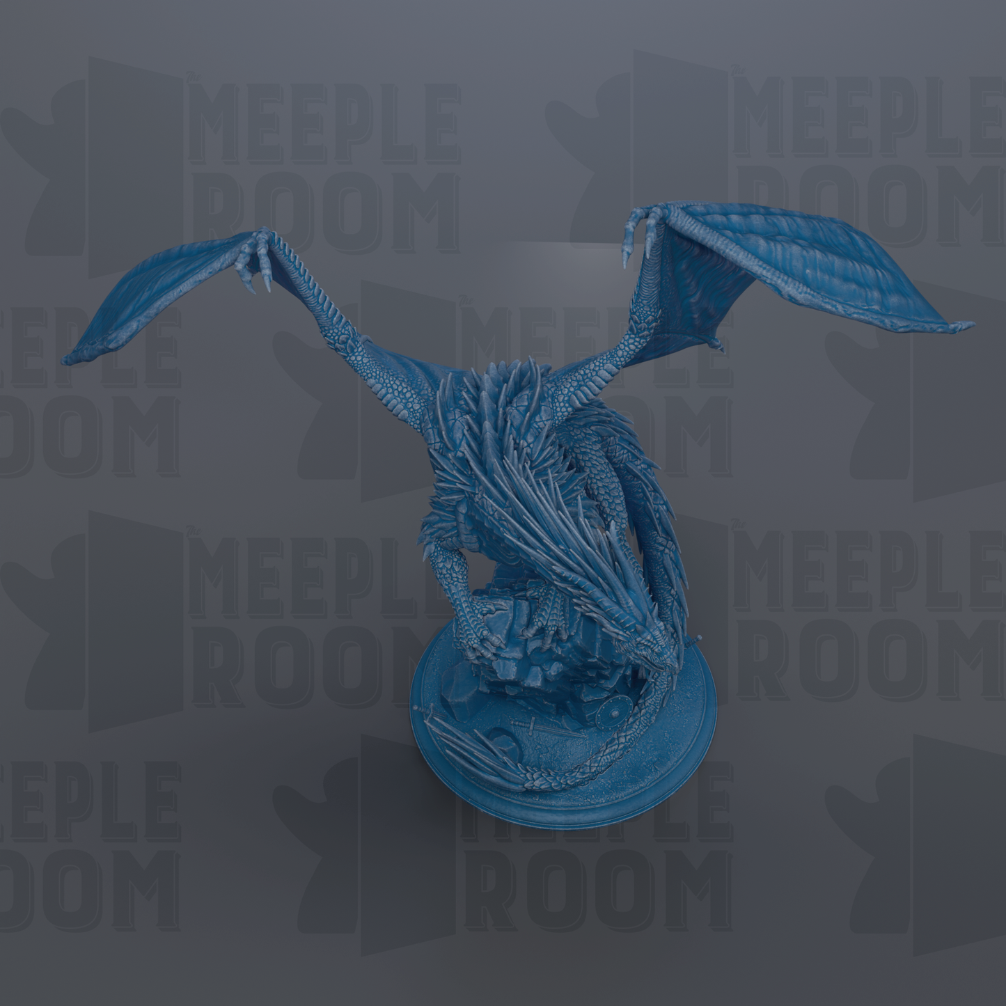 A blue dragon statue with outstretched wings is displayed against a gray background with repeated text.