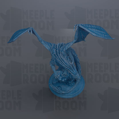 A blue dragon statue with outstretched wings is displayed against a gray background with repeated text.