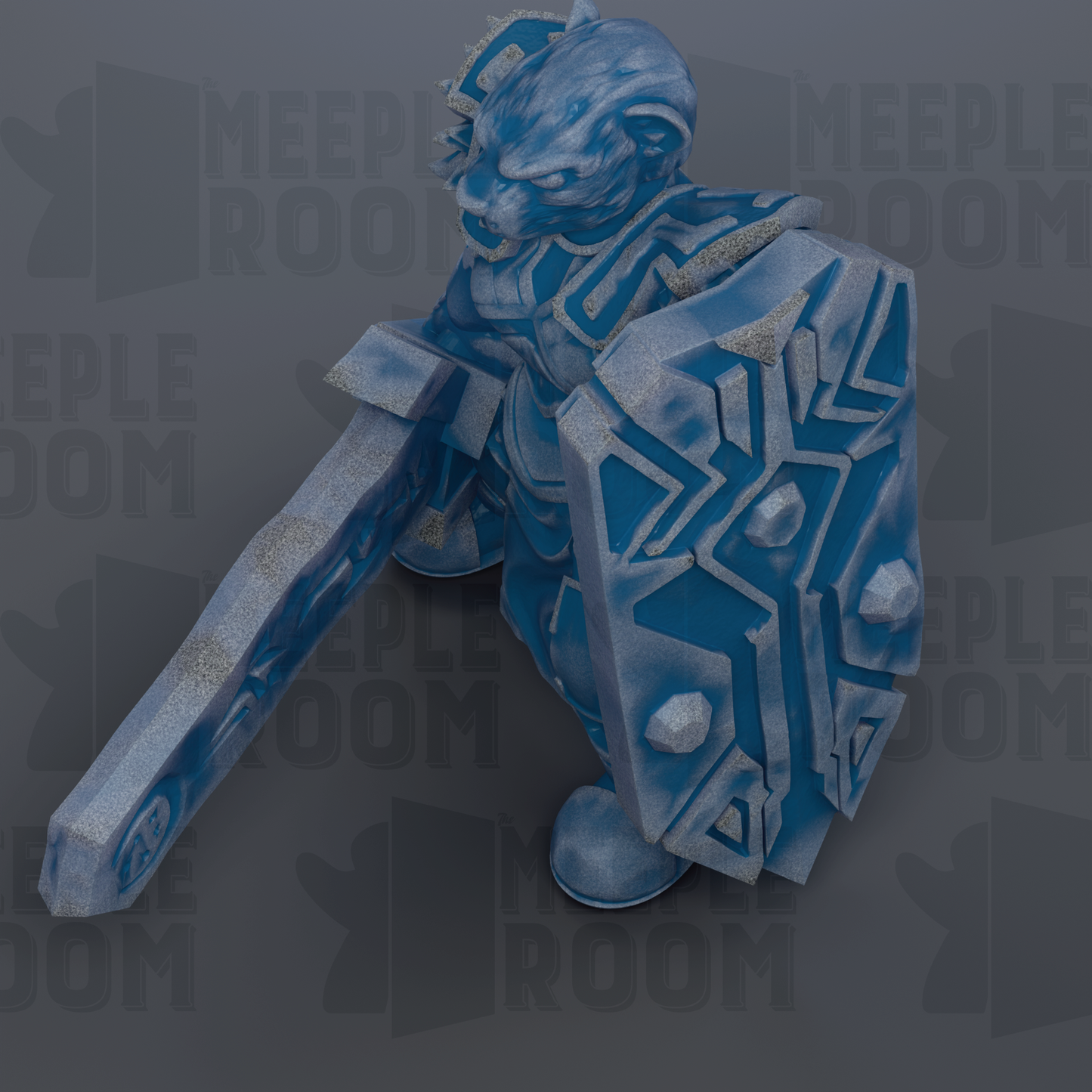 A blue, armored warrior figure with a shield and sword stands in the center of the image, surrounded by a dark background with repeated text.