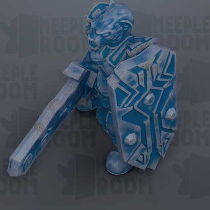 A blue, armored warrior figure with a shield and sword stands in the center of the image, surrounded by a dark background with repeated text.