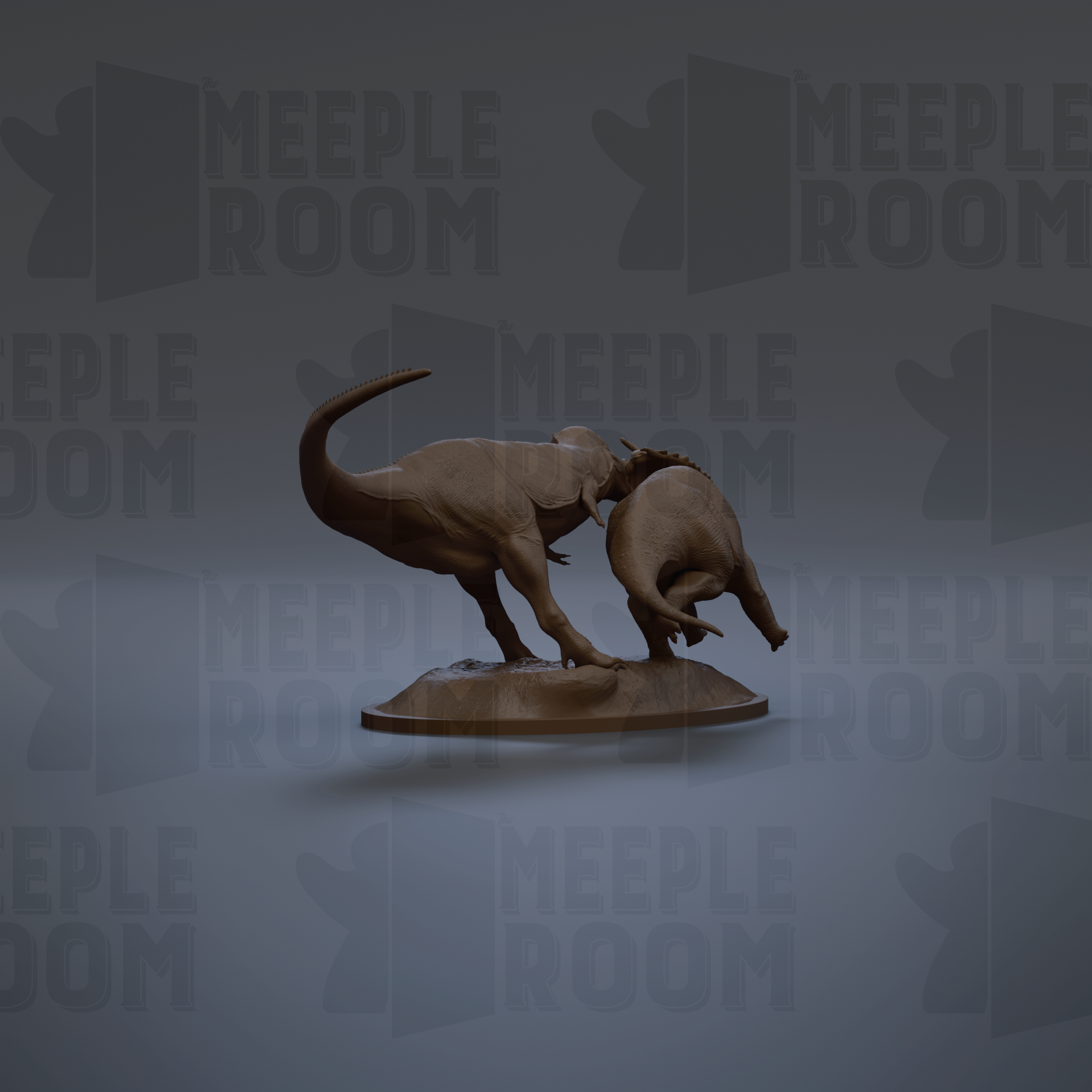 A bronze statue of a dinosaur on a pedestal, with the text "MEIPLLE ROOM" repeated in the background.