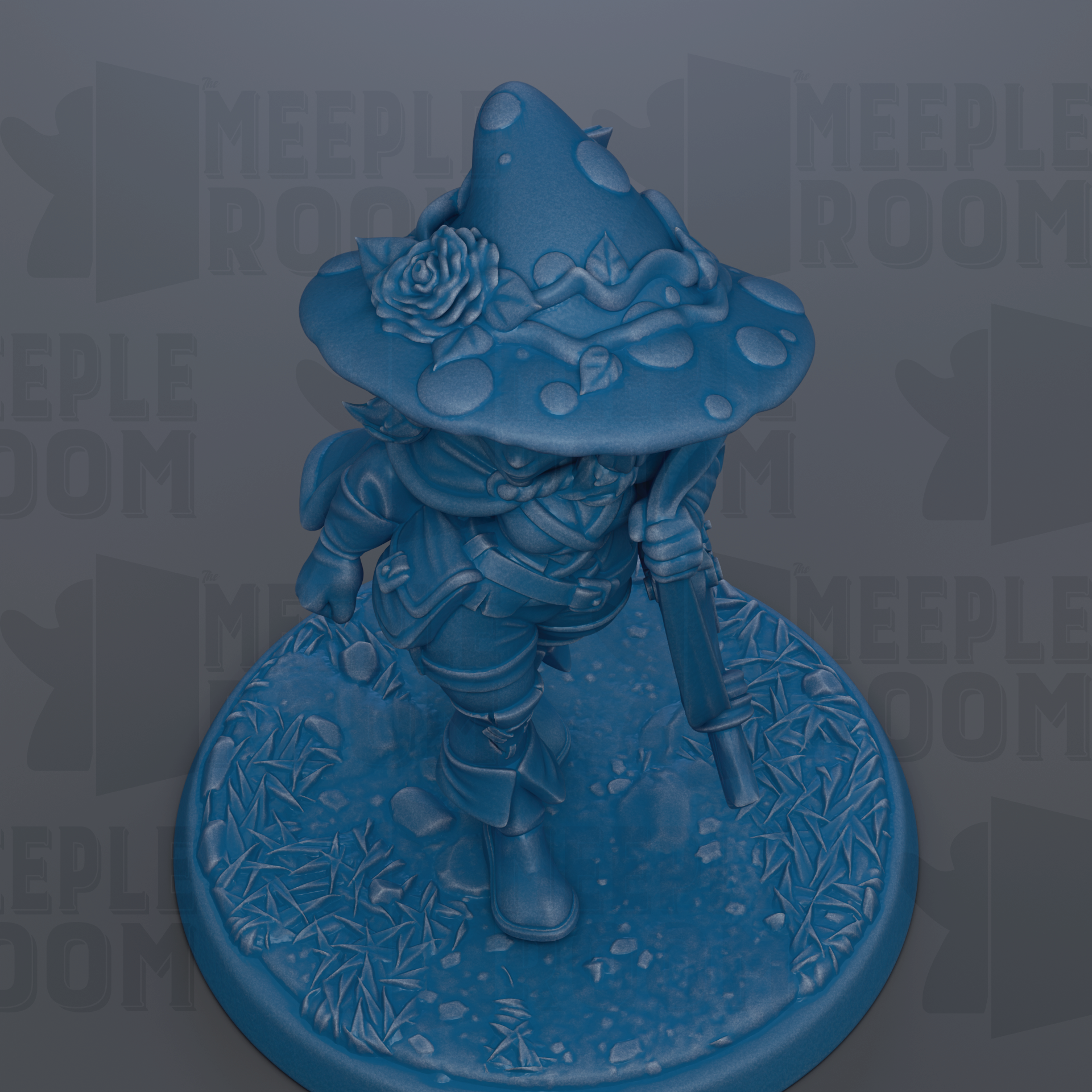 A blue figurine of a wizard or magical character, wearing a pointed hat with a rose, standing on a base with a leafy, textured surface.