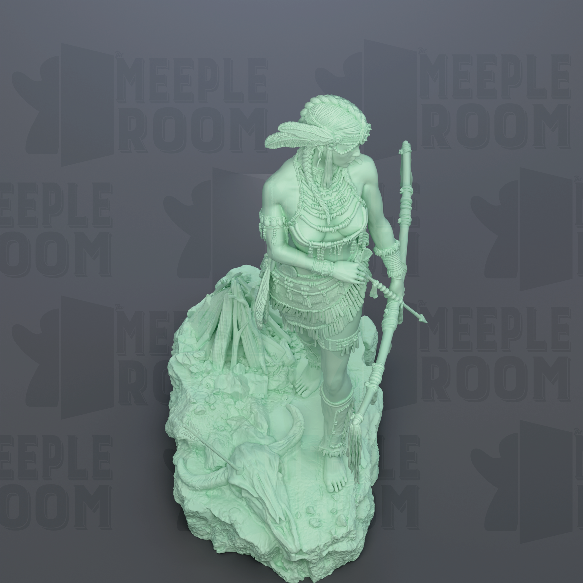 A green statue of a woman holding a spear and a skull, standing on a rock.