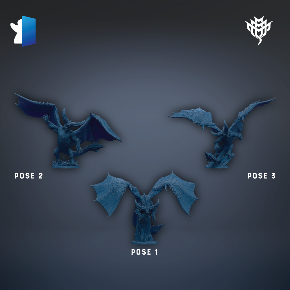 three blue dragon figurines, each in a different pose, arranged against a dark background.