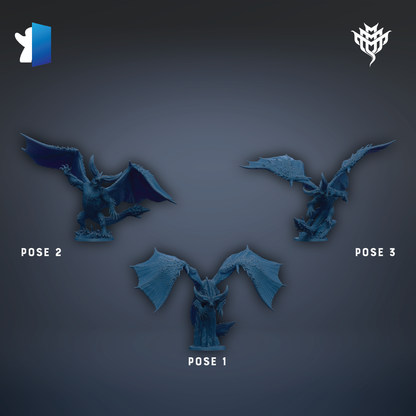 three blue dragon figurines, each in a different pose, arranged against a dark background.