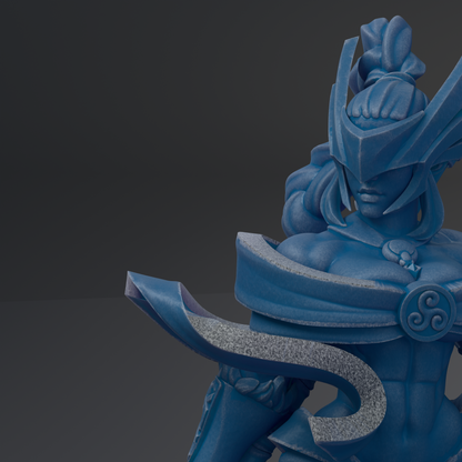 A 3D rendering of a blue, fantastical figure with intricate details and a flowing, ornate design.