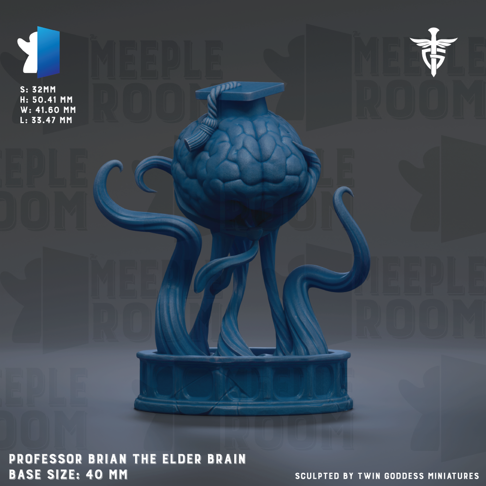 a blue sculpture of a brain with a graduation cap on top, representing the Professor Brian the Elder Brain.