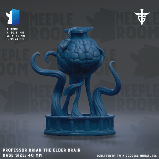 a blue sculpture of a brain with a graduation cap on top, representing the Professor Brian the Elder Brain.
