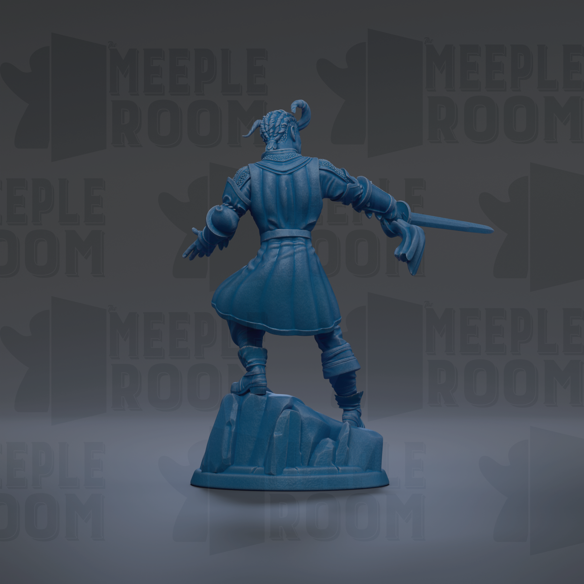 A blue figurine of a warrior standing on a rock, holding a sword in one hand and a shield in the other.