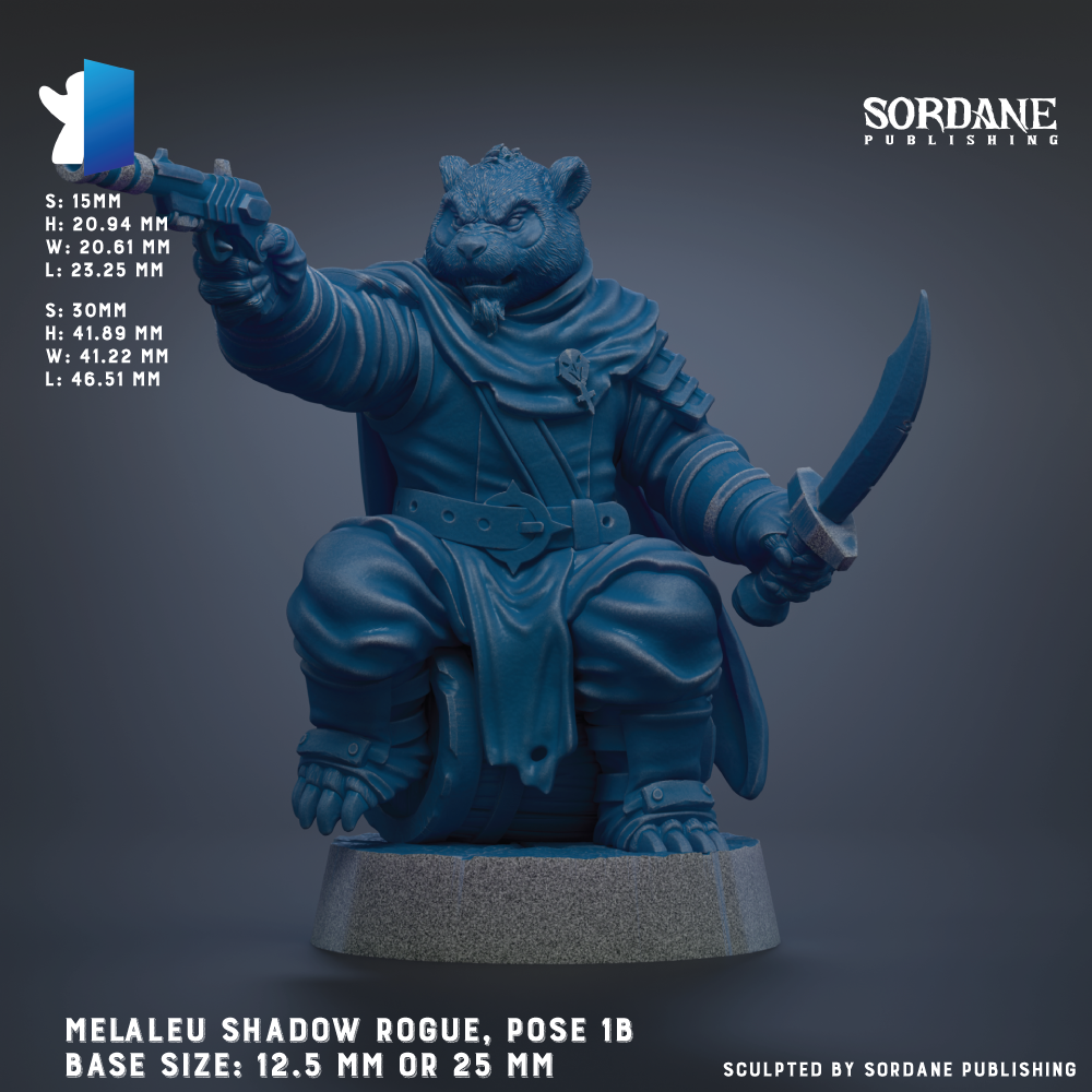 The image is a 3D rendering of a figurine of a character with a blue color scheme. The character is depicted in a pose, holding a sword and a shield, and is sitting on a pedestal. The image is labeled as "Melaleu Shadow Rogue, Pose 1B" and is published by Sordane Publishing.