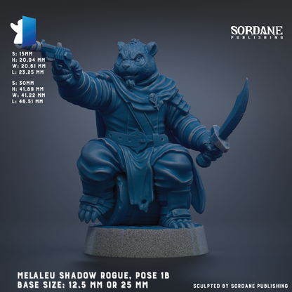 The image is a 3D rendering of a figurine of a character with a blue color scheme. The character is depicted in a pose, holding a sword and a shield, and is sitting on a pedestal. The image is labeled as "Melaleu Shadow Rogue, Pose 1B" and is published by Sordane Publishing.