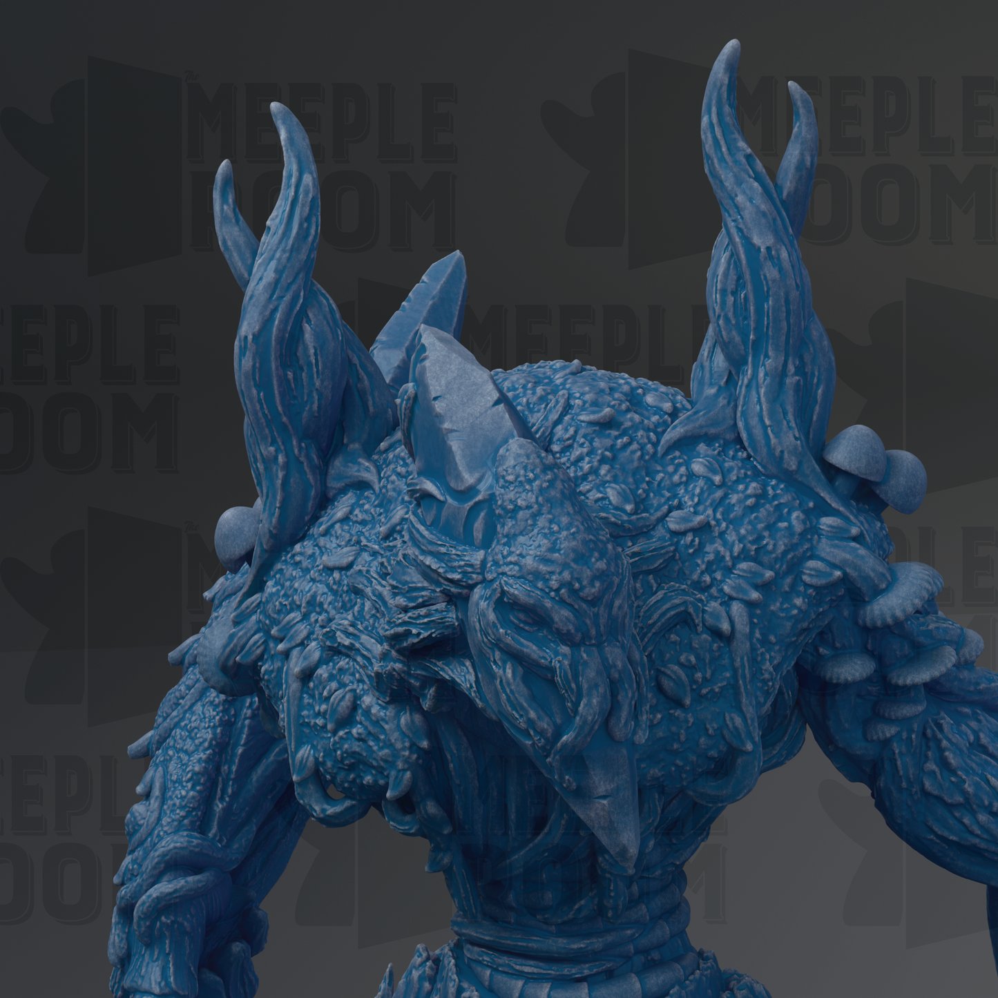 A detailed 3D rendering of a blue, fantastical creature with horns and intricate textures, set against a dark background with repeated text.