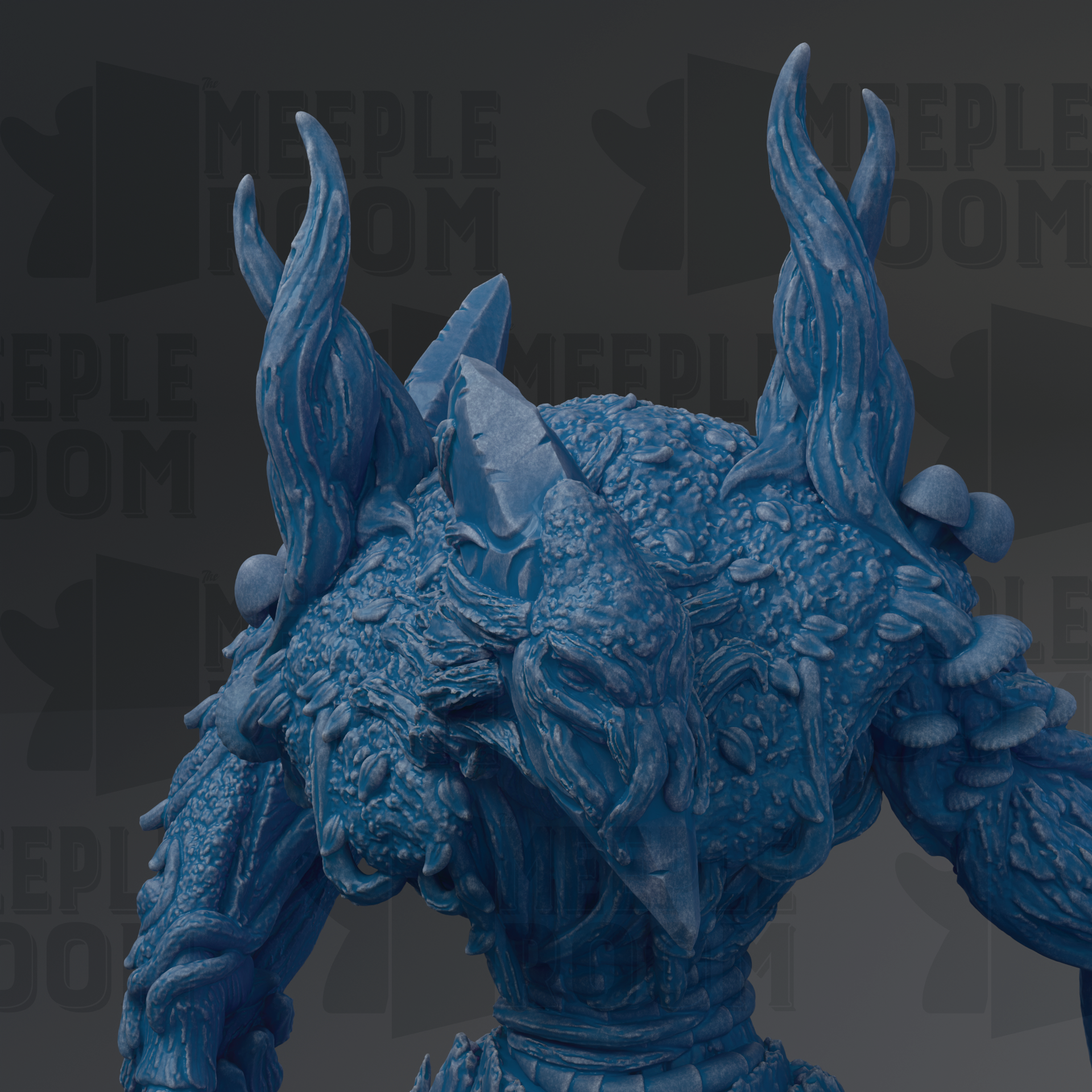 A detailed 3D rendering of a blue, fantastical creature with horns and intricate textures, set against a dark background with repeated text.