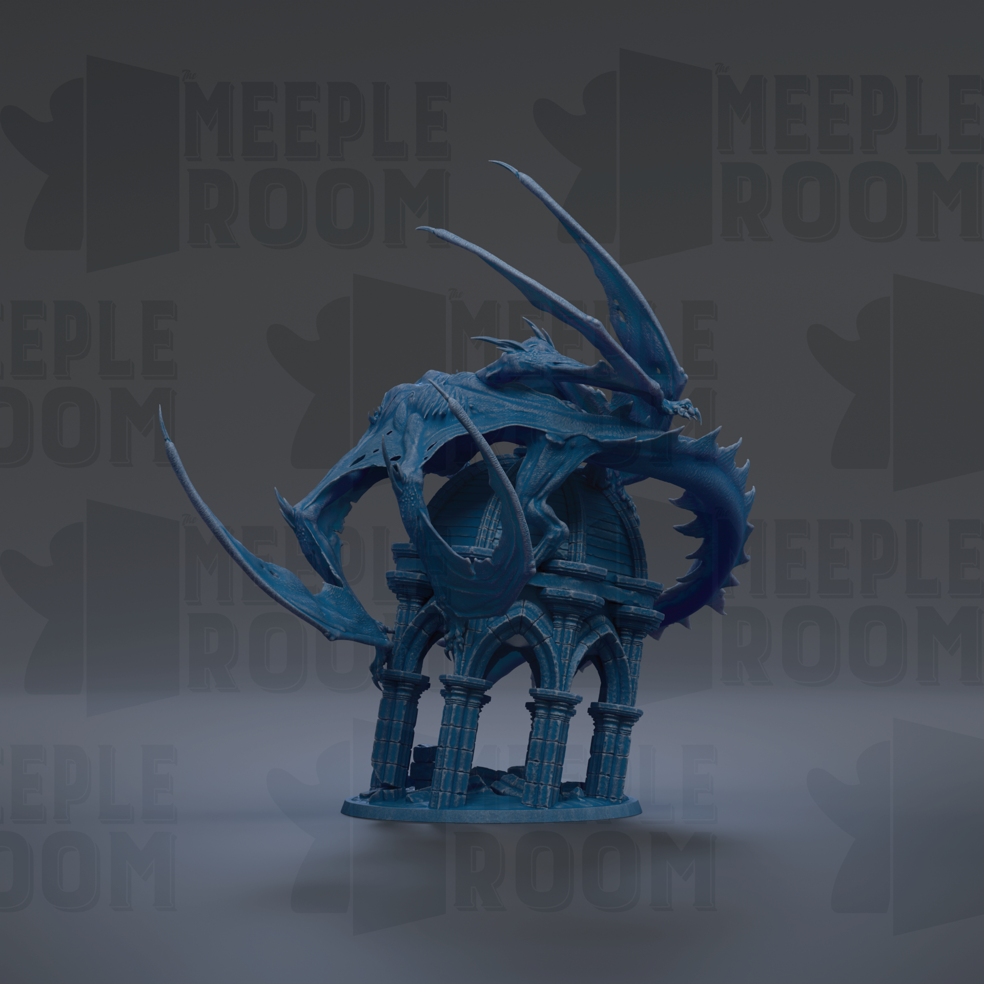 A blue dragon statue with sharp teeth and claws, standing on a pedestal-like structure.