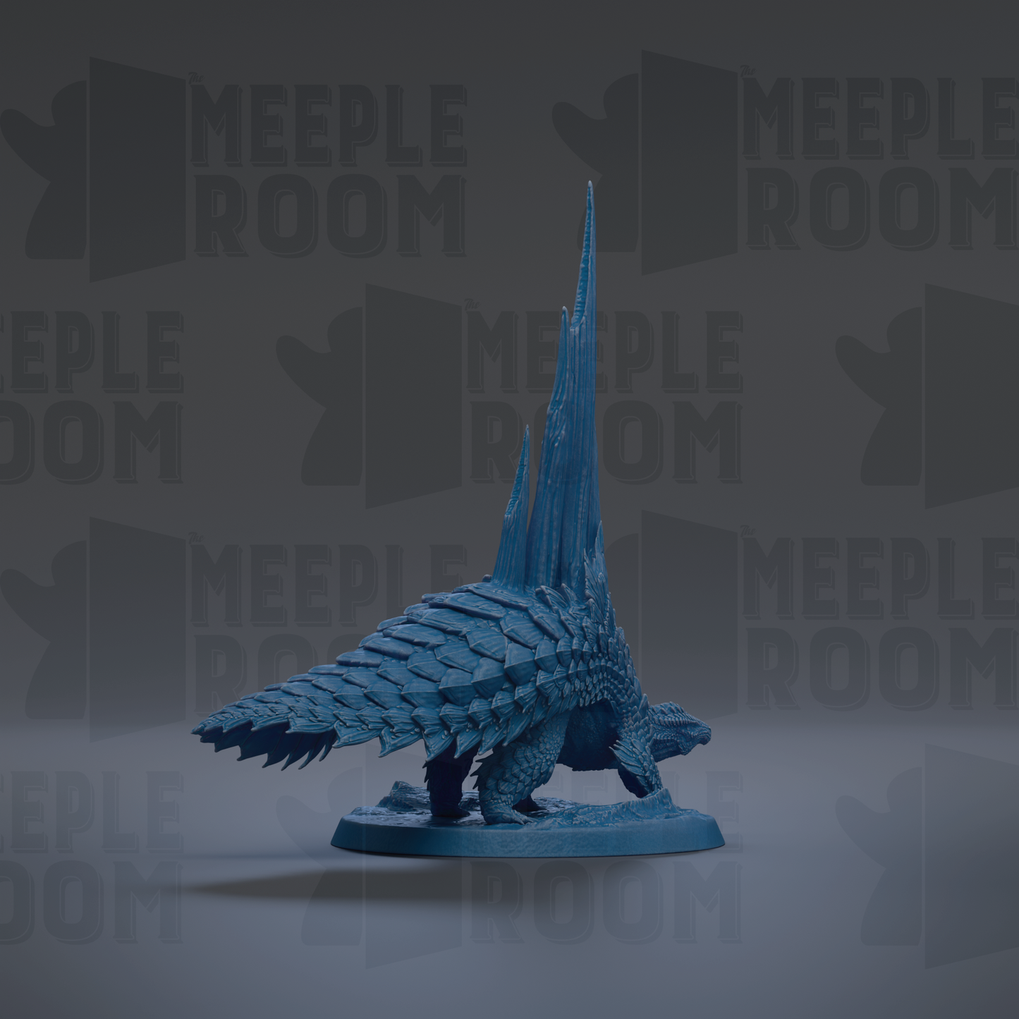A blue, 3D-rendered dinosaur figurine is displayed against a dark background with repeated text.