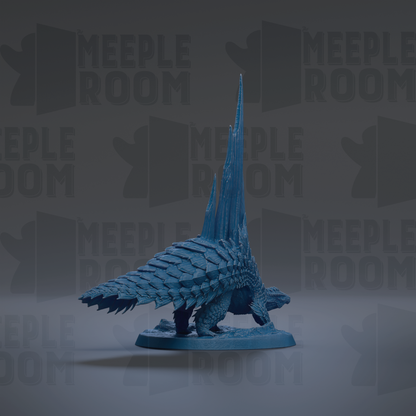 A blue, 3D-rendered dinosaur figurine is displayed against a dark background with repeated text.
