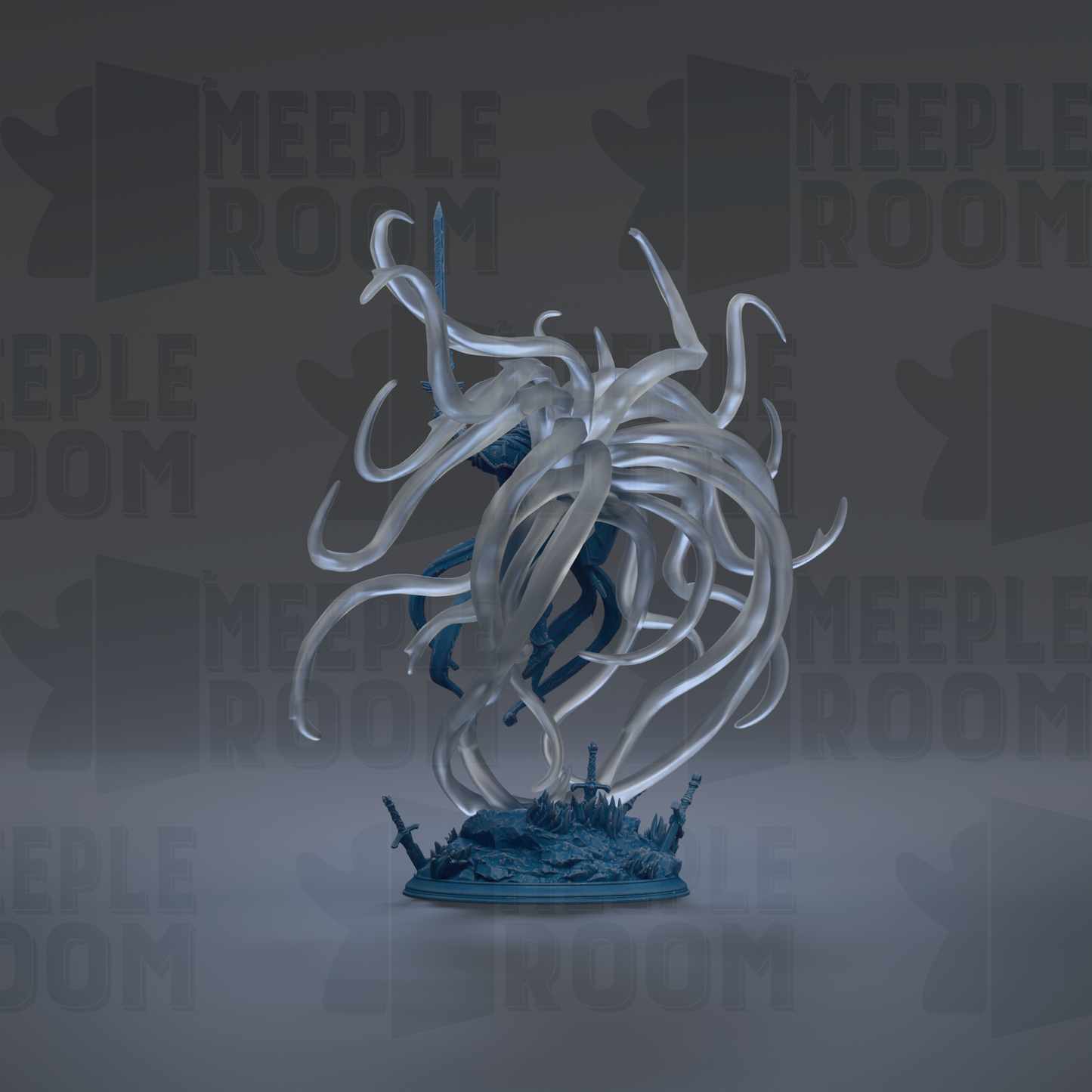 a large, abstract sculpture with a blue base and white, twisted, and curving lines that resemble tentacles or a dragon-like creature. The background is dark and has repeated text that reads "MEUPLE ROOM", suggesting that the image is part of a larger collection or exhibition related to the "MEUPLE ROOM" theme.