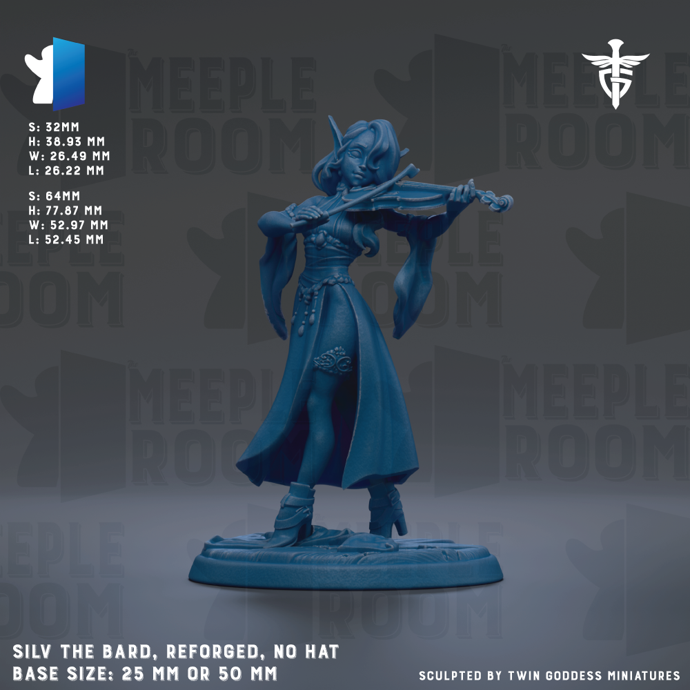 a figurine of a woman playing a violin. The figurine is described as being blue and is shown in a standing position. The figurine is of a base size of 25mm or 50mm.