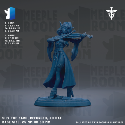a figurine of a woman playing a violin. The figurine is described as being blue and is shown in a standing position. The figurine is of a base size of 25mm or 50mm.