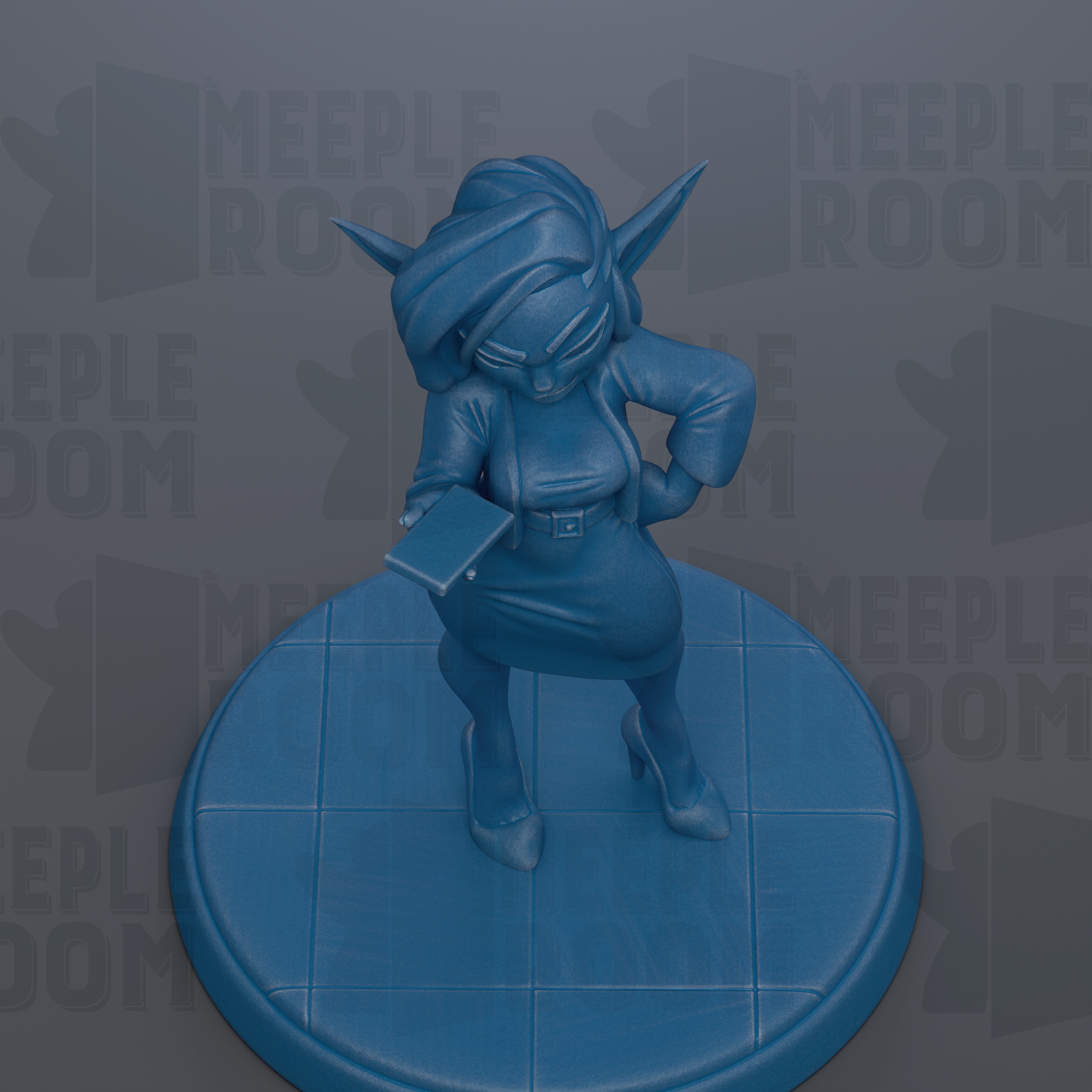 A blue figurine of a woman with a book in her hand, standing on a blue platform.