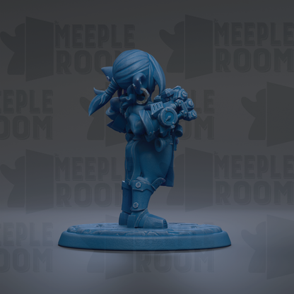 A blue figurine of a character with a sword and shield, standing on a platform against a dark background with repeated text.