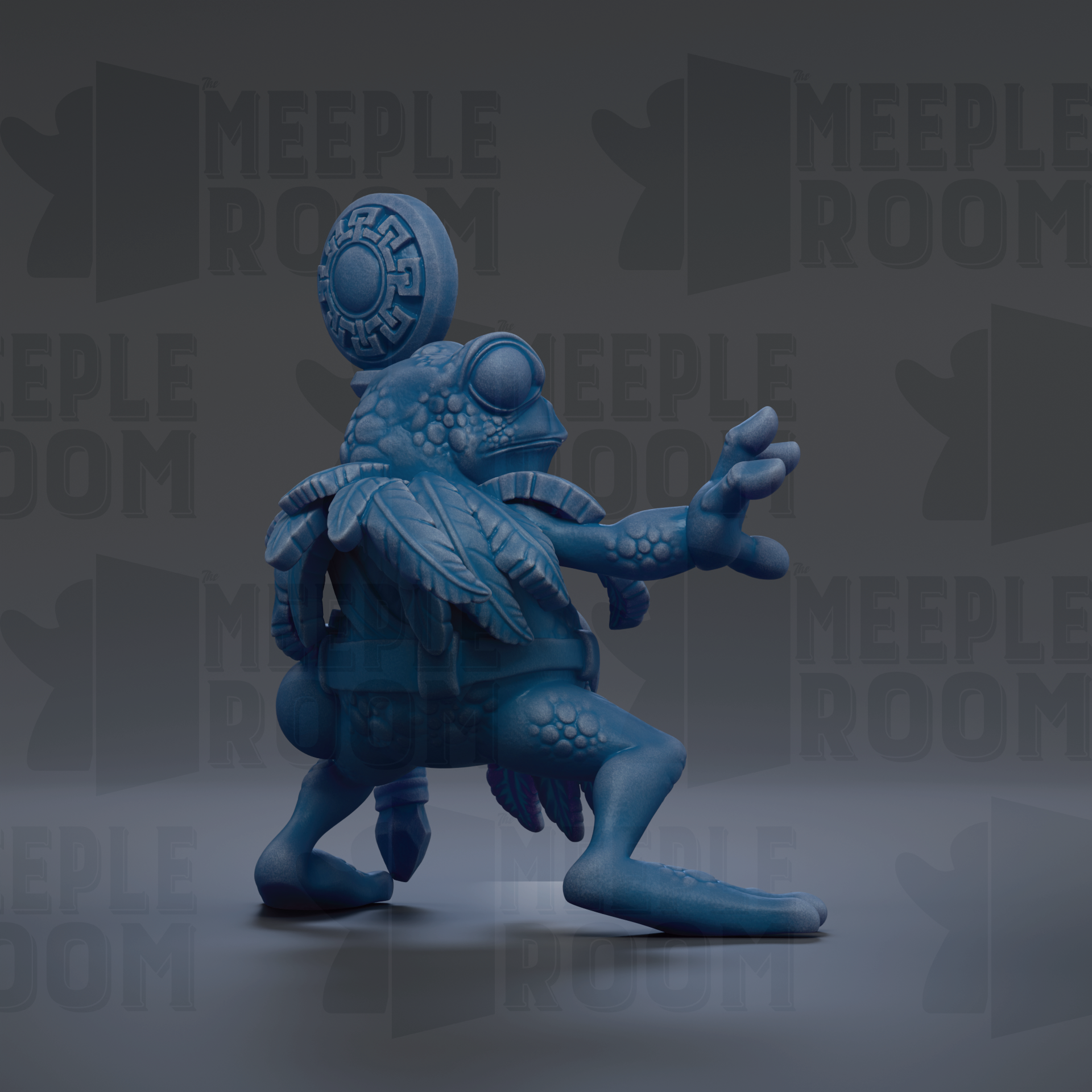 A blue, cartoonish frog figurine is shown in a dynamic pose, with its arms outstretched and legs bent, against a dark background with repeated text.