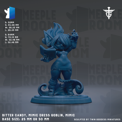 The image is a figurine of a character with a blue color, depicting a fairy or magical being. The figurine is described as a "BITTER CANDY, MIMIC DRESS GOBLIN, MIMIC" and is shown in a base size of 25mm or 50mm. The figurine is described as being "SCHLAPTED BY TWIN GODESS MINITUDE" and is shown in a "25mm" or "50mm" size. The background of the image is described as a "MELLOW ROOM" with a repeating pattern.