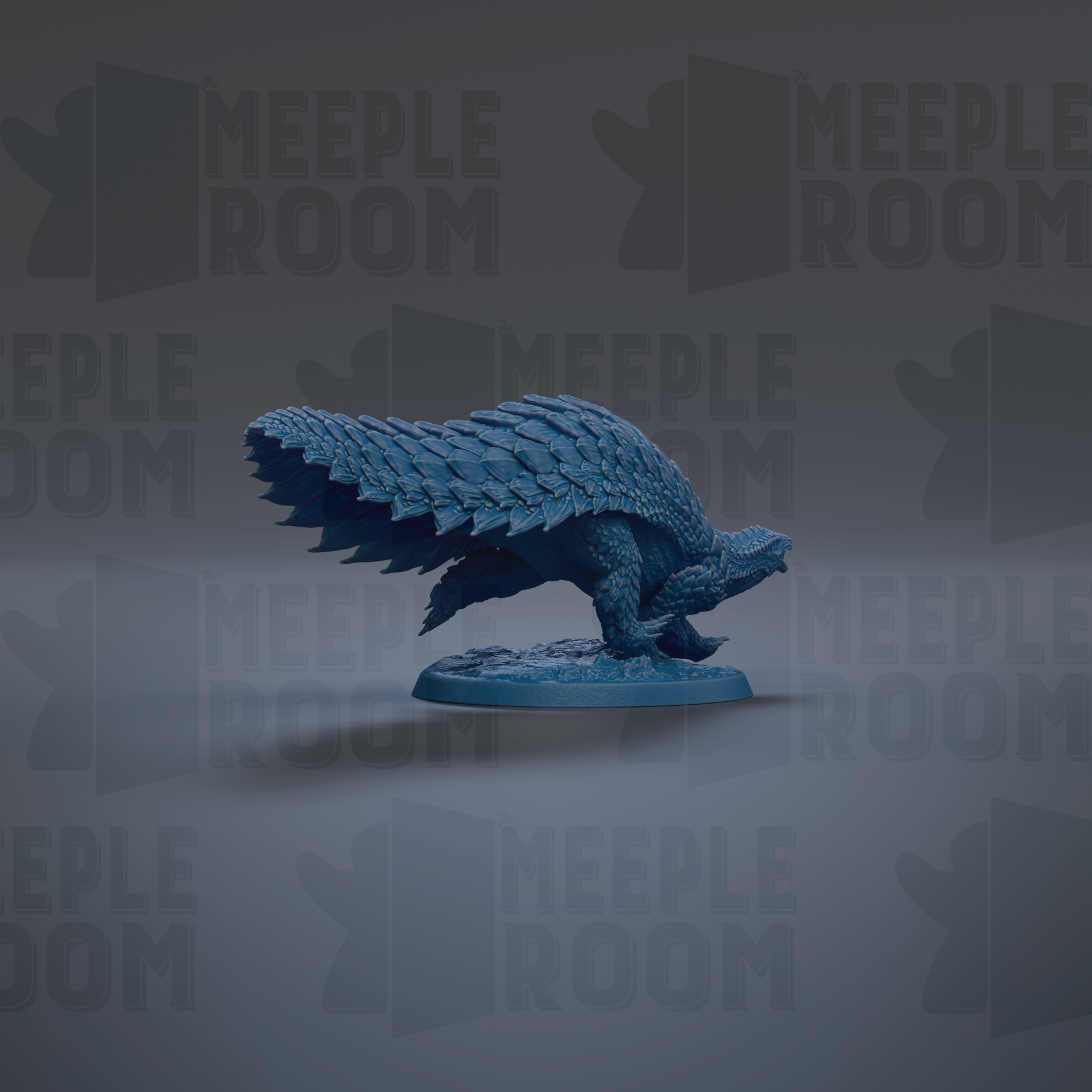 A blue, scaly-like creature resembling a dragon or alligator is depicted in the center of the image against a dark background with repeated text.